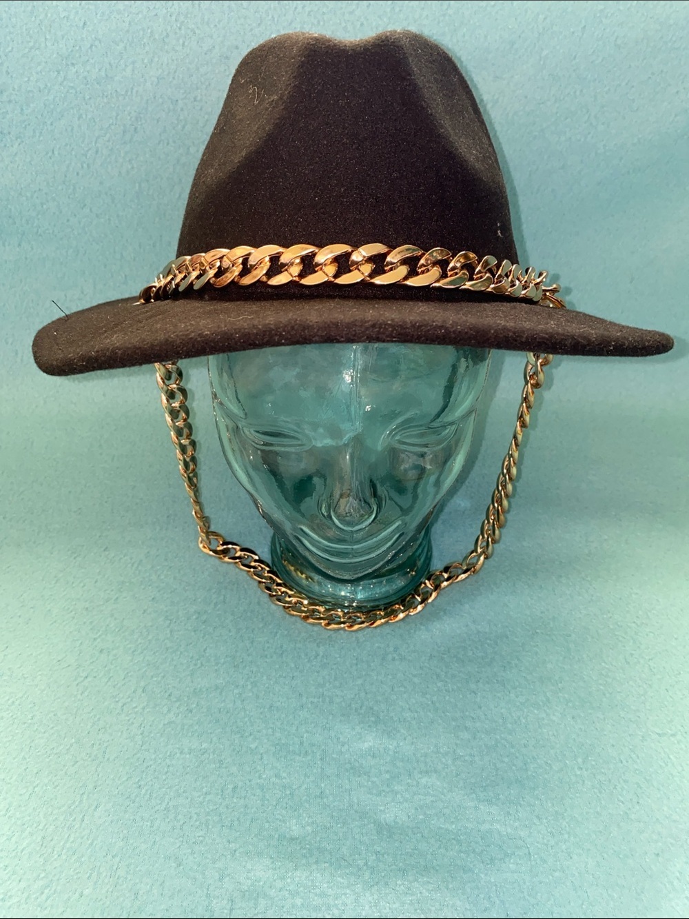 PRETTYLITTLETHING Fedora wide brim gold chain details felt black NEW size OSFA